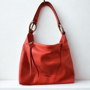 Calvin Klein Women’s Tomato Red Leather Shoulder Tote - Top Zip- Silver Hardware